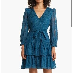 Eliza J Teal Lace Faux Wrap Tiered Ruffled Dress Size 16 Party Cocktail Wedding